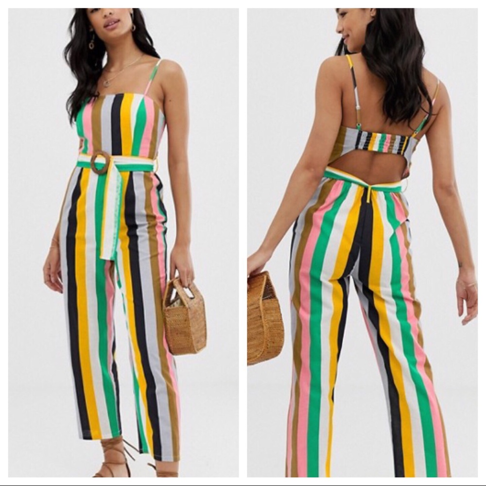 ASOS Strappy Pinny Belted Striped Jumpsuit